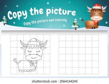 Copy the picture kids game and coloring page with a cute buffalo using christmas costume
