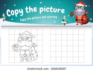 Copy the picture kids game and coloring page with a cute hippo using santa costume