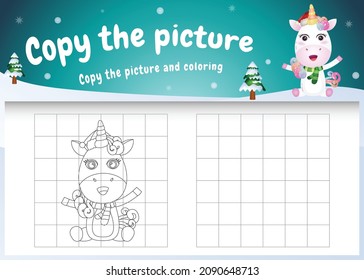 copy the picture kids game and coloring page with a cute unicorn using christmas costume