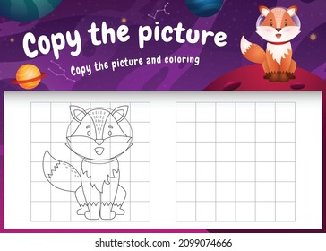 copy the picture kids game and coloring page with a cute fox in the space galaxy