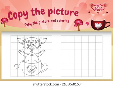 copy the picture kids game and coloring page with a cute pigs using valentine costume