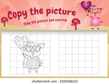 copy the picture kids game and coloring page with a cute pigs using valentine costume