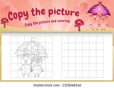 copy the picture kids game and coloring page with a cute pigs using valentine costume