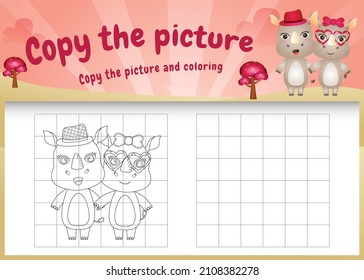 copy the picture kids game and coloring page with a cute rhinos using valentine costume