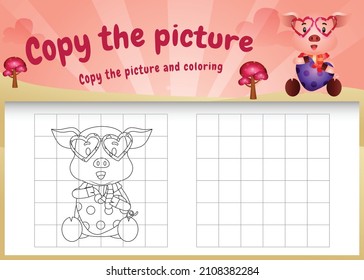 copy the picture kids game and coloring page with a cute pigs using valentine costume