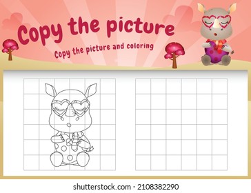 copy the picture kids game and coloring page with a cute rhinos using valentine costume