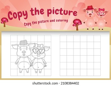 copy the picture kids game and coloring page with a cute pigs using valentine costume