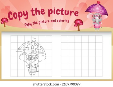 copy the picture kids game and coloring page with a cute elephant using valentine costume