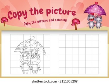 copy the picture kids game and coloring page with a cute hippo using valentine costume