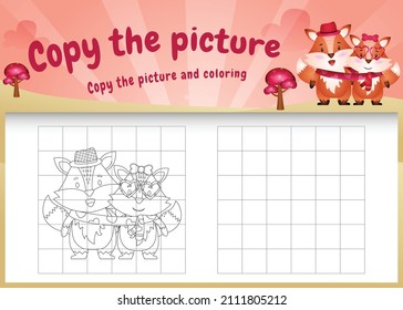 copy the picture kids game and coloring page with a cute fox using valentine costume