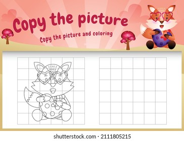 copy the picture kids game and coloring page with a cute fox using valentine costume