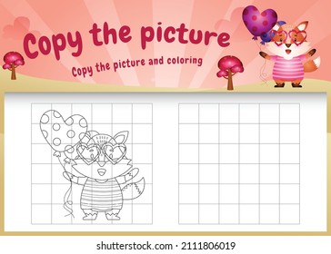 copy the picture kids game and coloring page with a cute fox using valentine costume