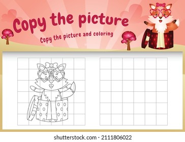 copy the picture kids game and coloring page with a cute fox using valentine costume