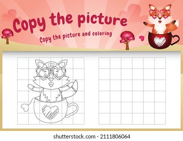 copy the picture kids game and coloring page with a cute fox using valentine costume