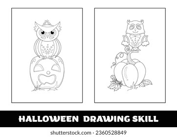 Copy the picture kids game and coloring page.Halloween education drawing skill game for preschool children..