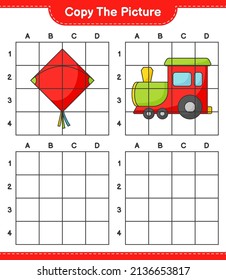 Copy the picture, copy the picture of Kite and Train using grid lines. Educational children game, printable worksheet, vector illustration