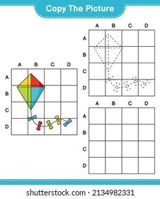 Copy the picture, copy the picture of Kite using grid lines. Educational children game, printable worksheet, vector illustration