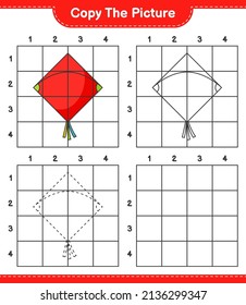 Copy the picture, copy the picture of Kite using grid lines. Educational children game, printable worksheet, vector illustration