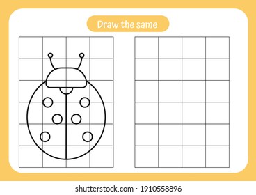 Copy the picture of ladybug - use the grid and example. Educational game for children. Handwriting and drawing practice. Vector illustration. Nature theme activity for toddlers, kids.
