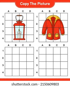 Copy the picture, copy the picture of Lantern and Warm Clothes using grid lines. Educational children game, printable worksheet, vector illustration