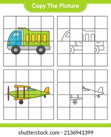 Copy the picture, copy the picture of Lorry and Plane using grid lines. Educational children game, printable worksheet, vector illustration