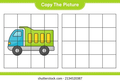 Kopieren Sie das Bild und kopieren Sie das Bild von LKW mithilfe von Rasterlinien. Kinderspiel, druckbares Arbeitsblatt, Vektorgrafik