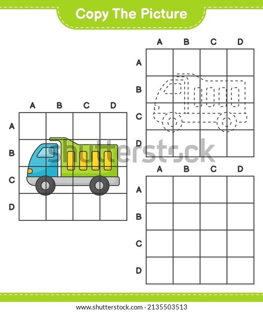 Copy the picture, copy the picture of Lorry\
using grid lines. Educational children game, printable worksheet,\
vector illustration