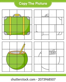 Copie la imagen, copie la imagen del equipaje y el coco utilizando líneas de cuadrícula. Juego infantil educativo, hoja de cálculo imprimible, ilustración vectorial