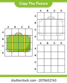 Copie la imagen, copie la imagen del equipaje utilizando líneas de cuadrícula. Juego infantil educativo, hoja de cálculo imprimible, ilustración vectorial
