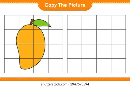 Copy the picture, copy the picture of Mango using grid lines. Educational children game, printable worksheet, vector illustration