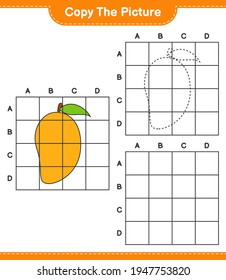 Copy the picture, copy the picture of Mango using grid lines. Educational children game, printable worksheet, vector illustration