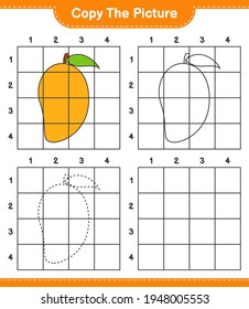 Copy the picture, copy the picture of Mango using grid lines. Educational children game, printable worksheet, vector illustration