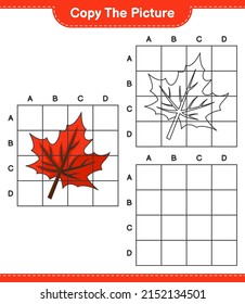 Copy the picture, copy the picture of Maple Leaf using grid lines. Educational children game, printable worksheet, vector illustration