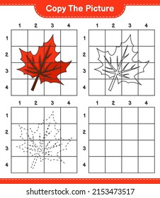 Copy the picture, copy the picture of Maple Leaf using grid lines. Educational children game, printable worksheet, vector illustration