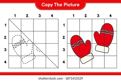 Copie la imagen, copie la imagen de Mittens utilizando líneas de cuadrícula. Juego infantil educativo, hoja de cálculo imprimible, ilustración vectorial