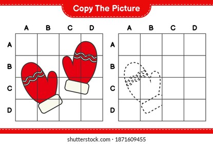 Copy the picture, copy the picture of Mittens using grid lines. Educational children game, printable worksheet, vector illustration