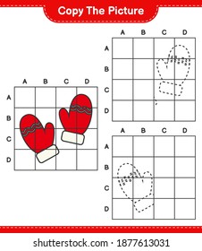 Kopieren Sie das Bild und kopieren Sie das Bild von Mittens mithilfe von Rasterlinien. Kinderspiel, druckbares Arbeitsblatt, Vektorgrafik