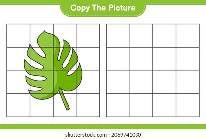 Copie la imagen, copie la imagen de Monstera utilizando líneas de cuadrícula. Juego infantil educativo, hoja de cálculo imprimible, ilustración vectorial