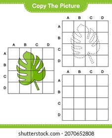 Copie la imagen, copie la imagen de Monstera utilizando líneas de cuadrícula. Juego infantil educativo, hoja de cálculo imprimible, ilustración vectorial