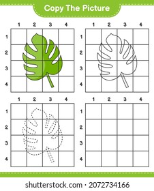 Copy the picture, copy the picture of Monstera using grid lines. Educational children game, printable worksheet, vector illustration