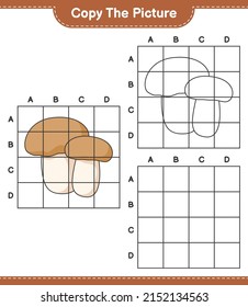 Copie la imagen, copie la imagen de Mushroom Boletus utilizando líneas de cuadrícula. Juego infantil educativo, hoja de cálculo imprimible, ilustración vectorial