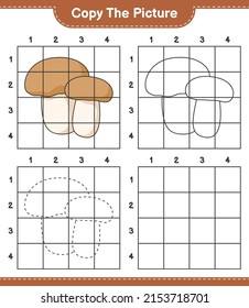 Copy the picture, copy the picture of Mushroom Boletus using grid lines. Educational children game, printable worksheet, vector illustration