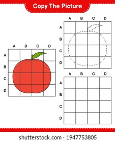 Copie la imagen, copie la imagen de Nectarina utilizando líneas de cuadrícula. Juego infantil educativo, hoja de cálculo imprimible, ilustración vectorial
