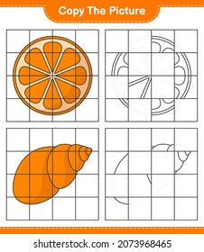 Copie la imagen, copie la imagen de las conchas Naranja y Marítima utilizando líneas de cuadrícula. Juego infantil educativo, hoja de cálculo imprimible, ilustración vectorial