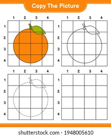 Copy the picture, copy the picture of Orange using grid lines. Educational children game, printable worksheet, vector illustration