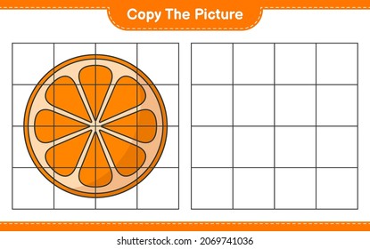 Copy the picture, copy the picture of Orange using grid lines. Educational children game, printable worksheet, vector illustration