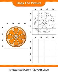 Copy the picture, copy the picture of Orange using grid lines. Educational children game, printable worksheet, vector illustration