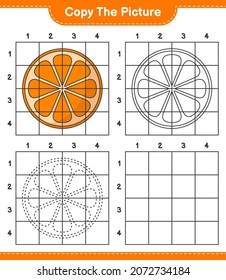 Copie la imagen, copie la imagen de Orange utilizando líneas de cuadrícula. Juego infantil educativo, hoja de cálculo imprimible, ilustración vectorial