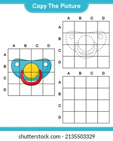 Copy the picture, copy the picture of Pacifier using grid lines. Educational children game, printable worksheet, vector illustration