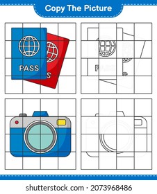 Copy The Picture, Copy The Picture Of Passport And Camera Using Grid Lines. Educational Children Game, Printable Worksheet, Vector Illustration